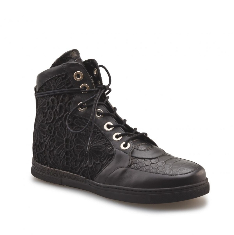 Stuart Weitzman Sneakers High Top Black Leather Floral Sheer Lace Sz 7
